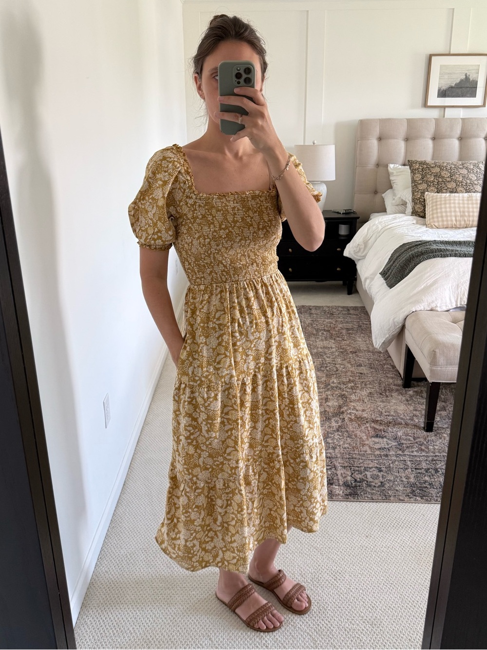 Old Navy - Women’s Mustard Floral Smocked Midi Dress